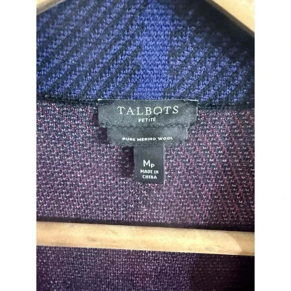 Talbots Weekend Plaid Cardigan Sweater Jacket Merino Wool Open Front Medium Pet‎ - Picture 2 of 8
